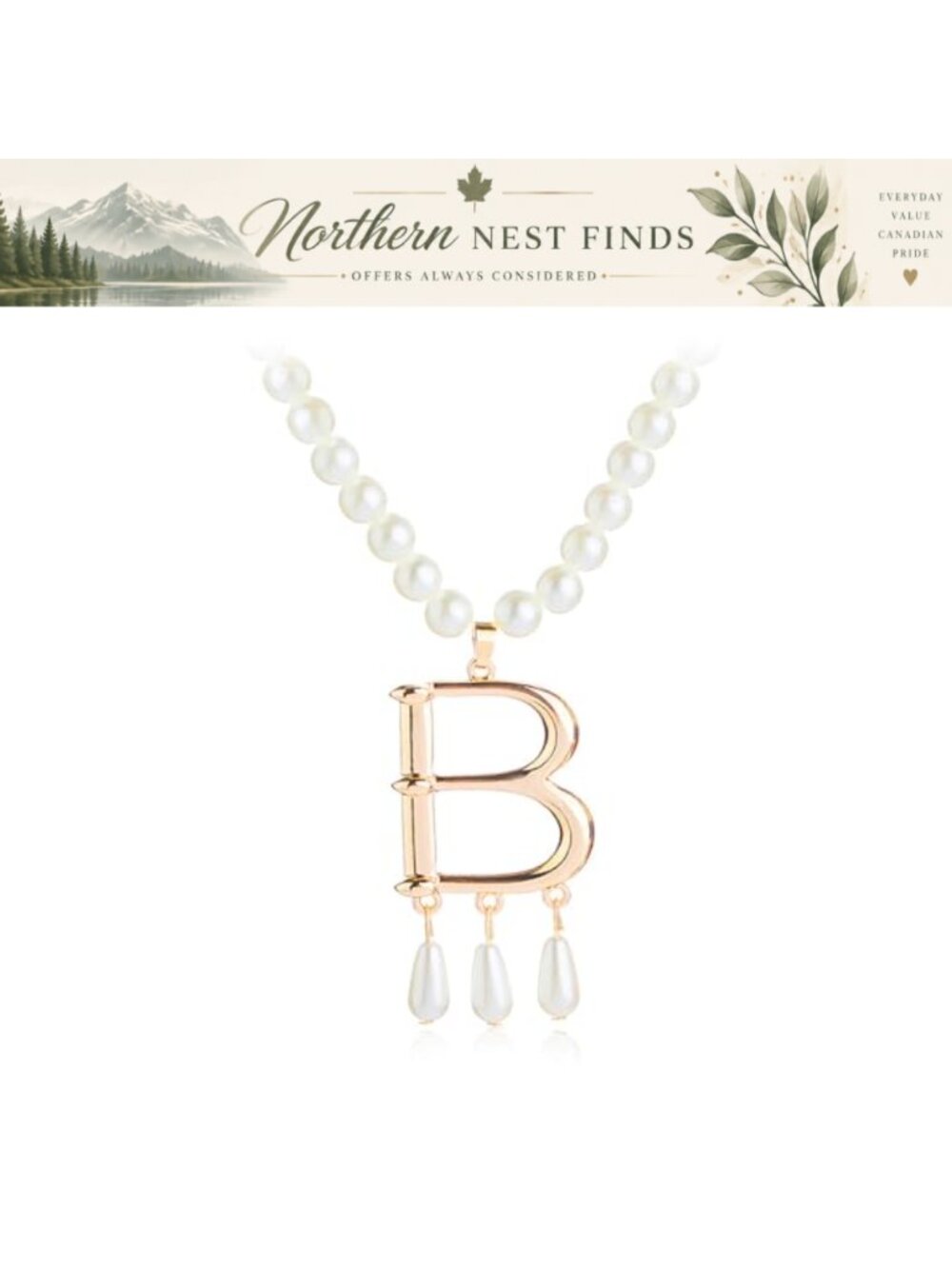 Faux Pearl Strand Necklace with Letter B Pendant Adjustable Chain